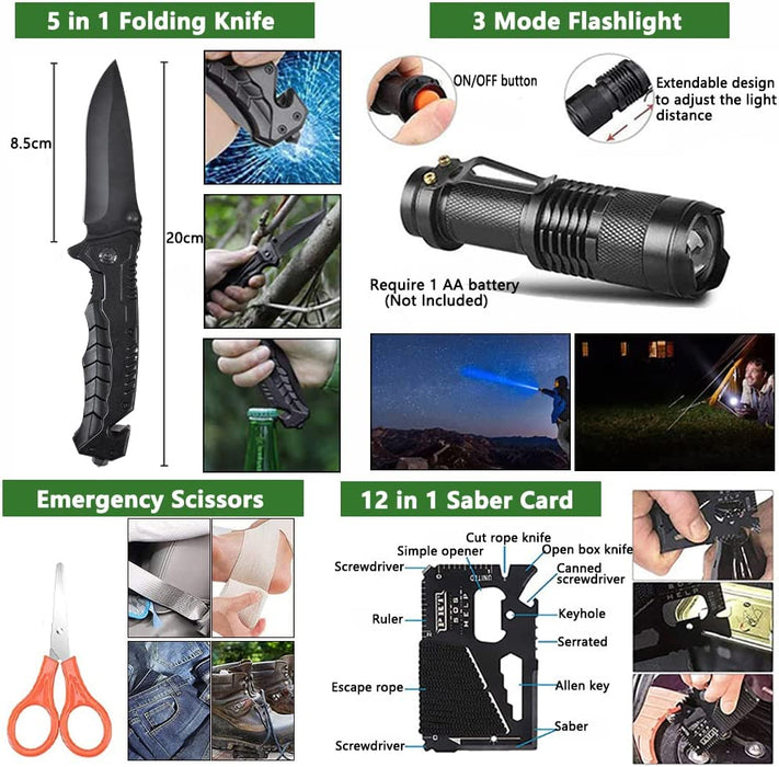 Survival Kit 163 in 1,Notfall Ausrüstung, Survival Militär Hochwertig Ausrüstung mit Messer I Taschenlampe, Erste-Hilfe-Kit, Outdoor Ausrüstung für Wandern & Camping, Überlebenspaket, Überlebensausrüstung