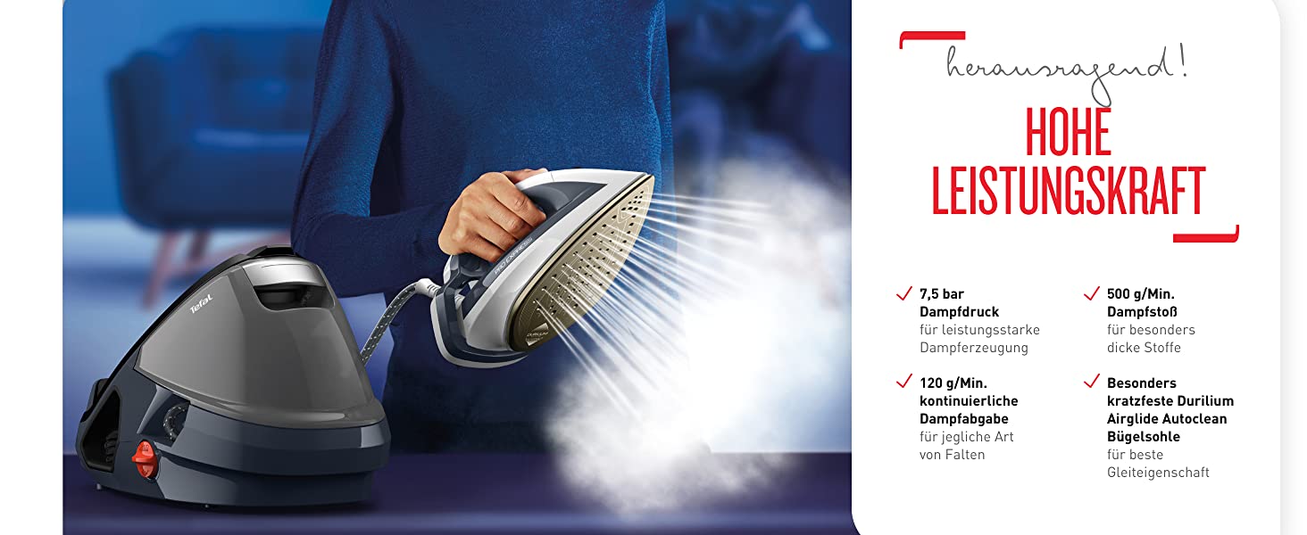 Tefal Pro Express Dampfbügelstation |7,5 bar| 1,6 L Wassertank-Fassungsvermögen | Anti-Kalk-Kollektor|120 g/Min. konstante Dampfmenge