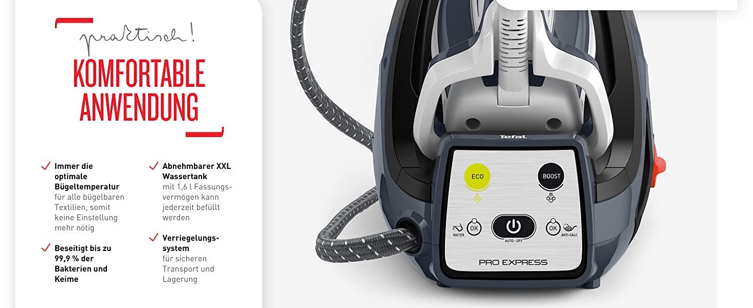 Tefal Pro Express Dampfbügelstation |7,5 bar| 1,6 L Wassertank-Fassungsvermögen | Anti-Kalk-Kollektor|120 g/Min. konstante Dampfmenge