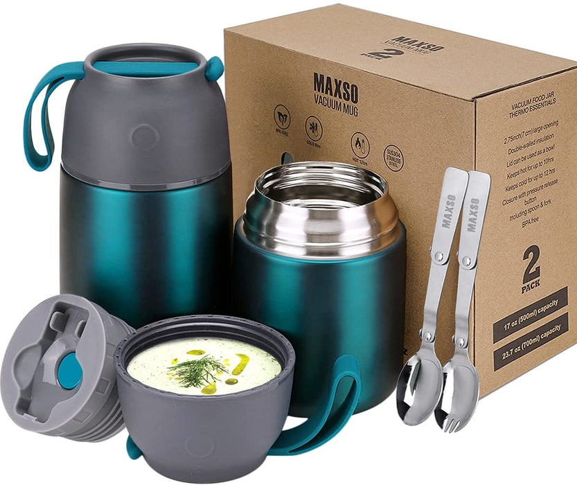 Thermobehälter für Essen 500ml & 700ml Edelstahl Warmhaltebebehälter mit faltbaren Löffel, Speißen, Babynahrung, Suppe, Brei, Obst, Joghurt, Thermo 