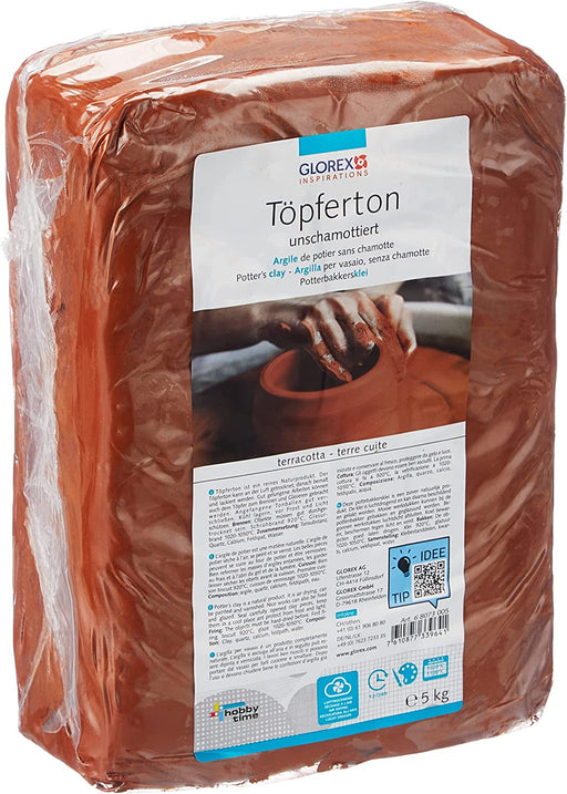 Töpferton unschamottiert, 5 kg in terracotta, geschmeidig und leicht zu verarbeiten, ohne Schamottanteil, lufthärtend und brennbar, für Töpferscheibe geeignet