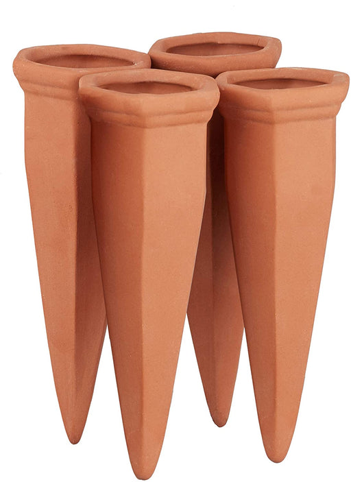 Tonkegel Bewässerung 4er Set, Pflanzen Wasserspender Ton, Wein und PET Flaschen Bewässerungskegel, Terracotta