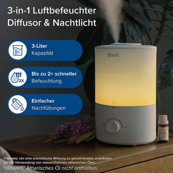Top-Fill Luftbefeuchter 3L mit Nachtlicht, 360°Drehbare Düse, Spülmaschinenfest Humidifier, Leiser Raumluftbefeuchter, 25H BPA-Frei Aroma Diffuser 
