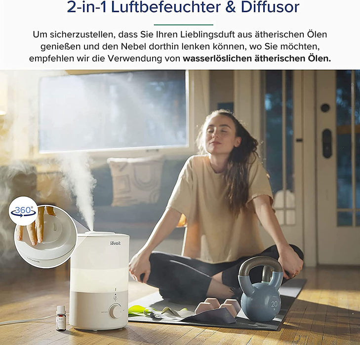 Top-Fill Luftbefeuchter 3L mit Nachtlicht, 360°Drehbare Düse, Spülmaschinenfest Humidifier, Leiser Raumluftbefeuchter, 25H BPA-Frei Aroma Diffuser 