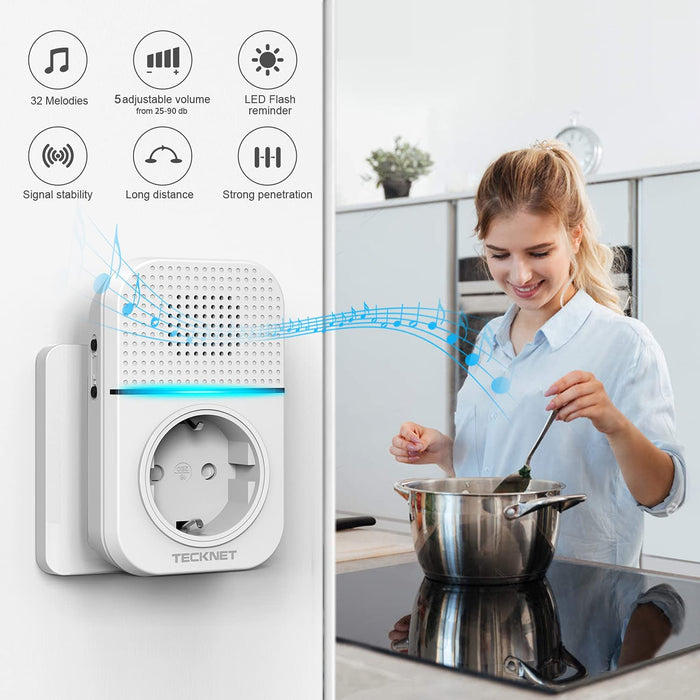 Türklingel Batterielose, IP65 Wasserdicht Steckdosen-Funkklingel 400m Funk Türklingel Drahtloses Türklingel mit 2 EU-Steckdose, 32 Laute Melodien