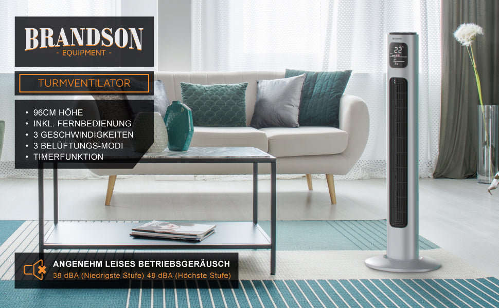 Turmventilator mit Fernbedienung 96 cm - Testsieger - mobiler Lüfter leise - Standventilator mit Oszilation - 3 Geschwindigkeiten 4 Lüftungs-Modi 