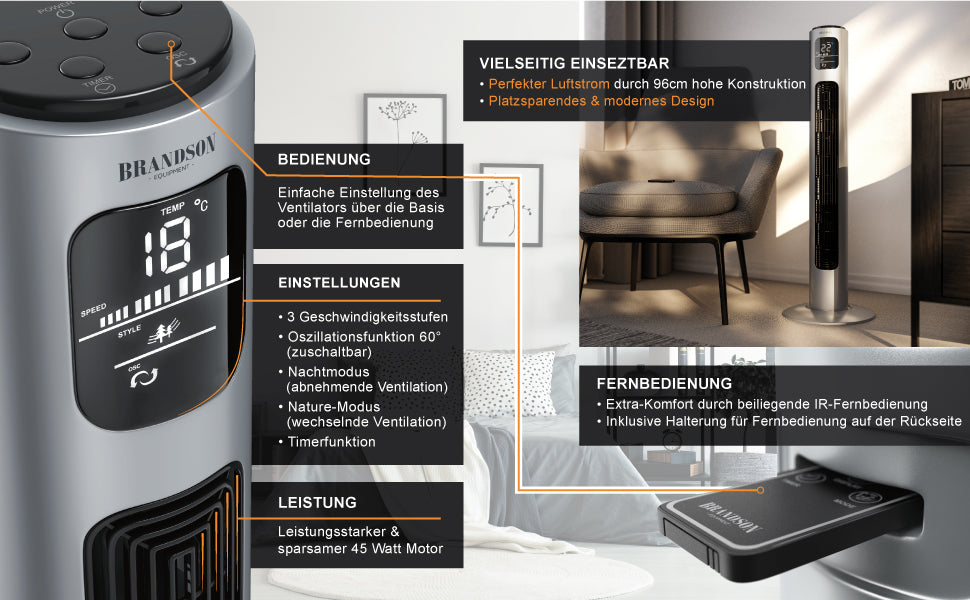 Turmventilator mit Fernbedienung 96 cm - Testsieger - mobiler Lüfter leise - Standventilator mit Oszilation - 3 Geschwindigkeiten 4 Lüftungs-Modi 