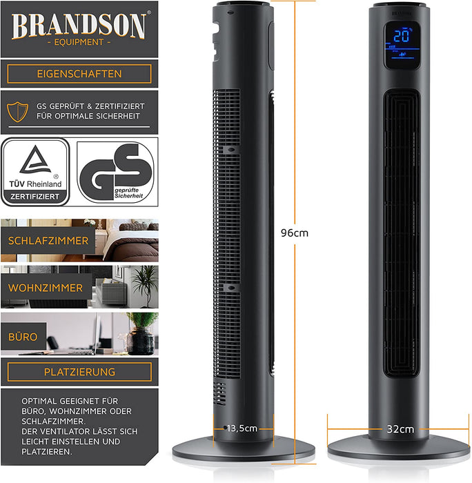 Turmventilator mit Fernbedienung 96 cm - Testsieger - mobiler Lüfter leise - Standventilator mit Oszilation 65° - 3 Geschwindigkeiten 4 Lüftungs-Modi