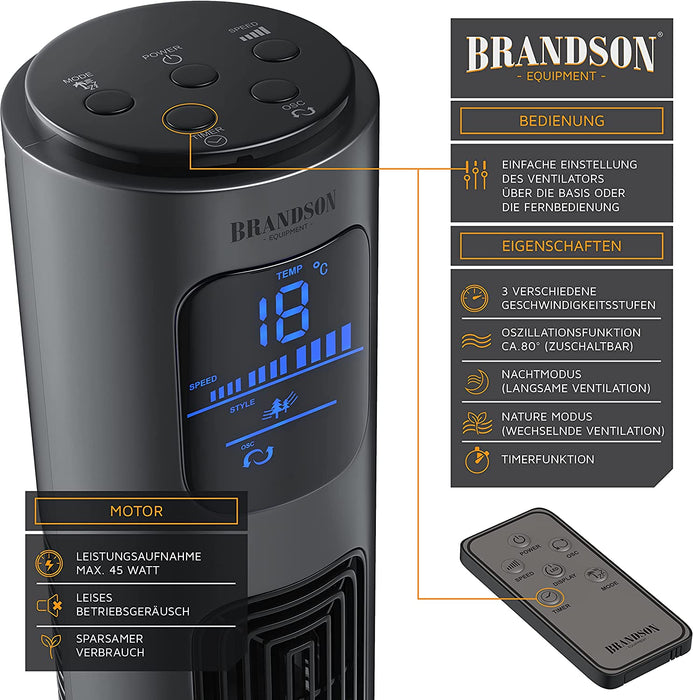 Turmventilator mit Fernbedienung 96 cm - Testsieger - mobiler Lüfter leise - Standventilator mit Oszilation 65° - 3 Geschwindigkeiten 4 Lüftungs-Modi