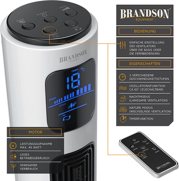 Turmventilator mit Fernbedienung 96 cm - Testsieger - mobiler Lüfter leise - Standventilator mit Oszilation 65° - 3 Geschwindigkeiten 4 Lüftungs-Modi