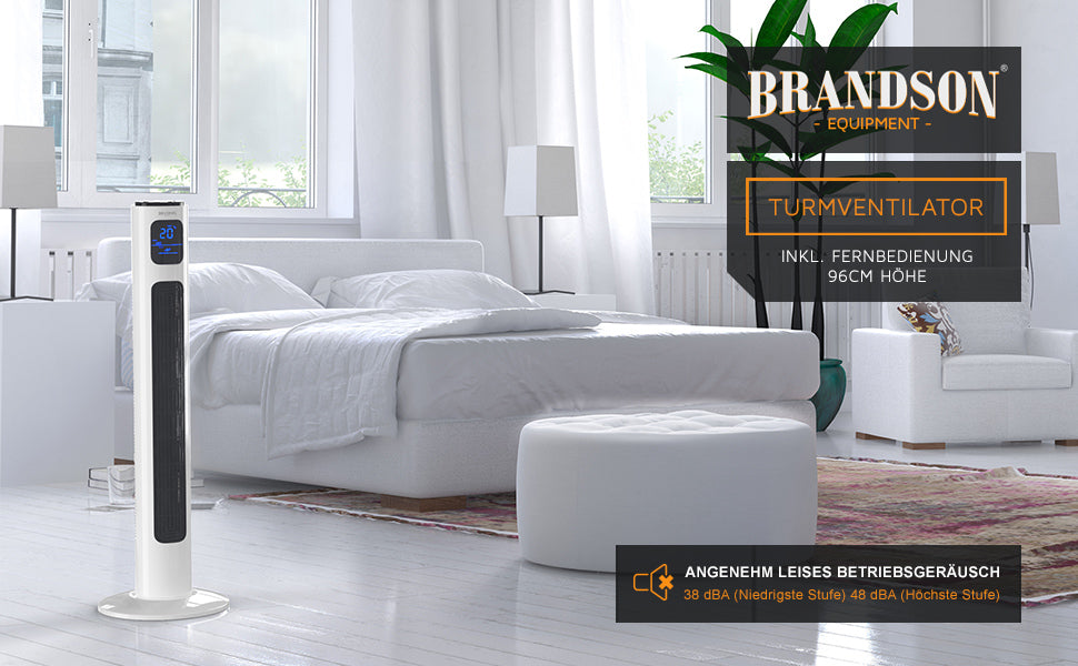 Turmventilator mit Fernbedienung 96 cm - Testsieger - mobiler Lüfter leise - Standventilator mit Oszilation 65° - 3 Geschwindigkeiten 4 Lüftungs-Modi