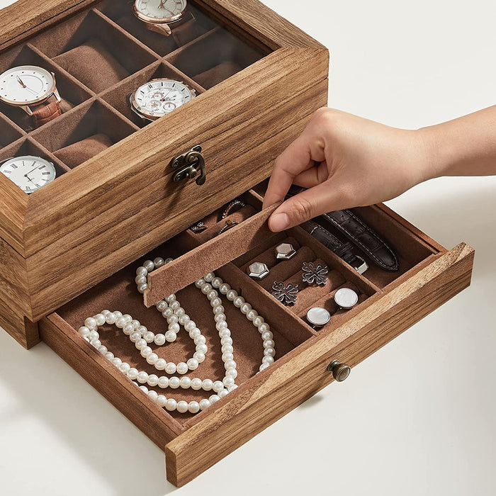 Uhrenbox mit 8 Fächern, Uhrenkasten aus Massivholz, mit Glasdeckel, für Ringe, Armbänder und Halsketten, Weihnachten, walnussfarben
