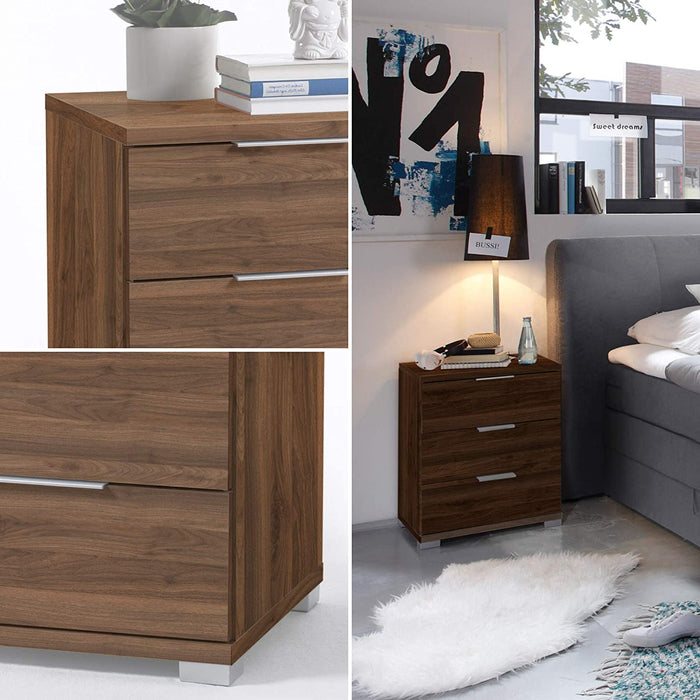 Universal Nachttisch in Columbia Nußbaum Optik - Moderner Nachtschrank mit drei Schubladen für Ihr Boxspringbett - 46 x 61 x 42 cm