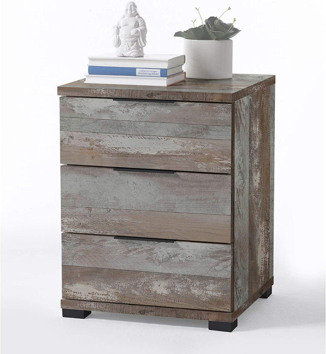 Universal Nachttisch in Driftwood Optik - Moderner Nachtschrank mit drei Schubladen für Ihr Boxspringbett - 46 x 61 x 42 cm