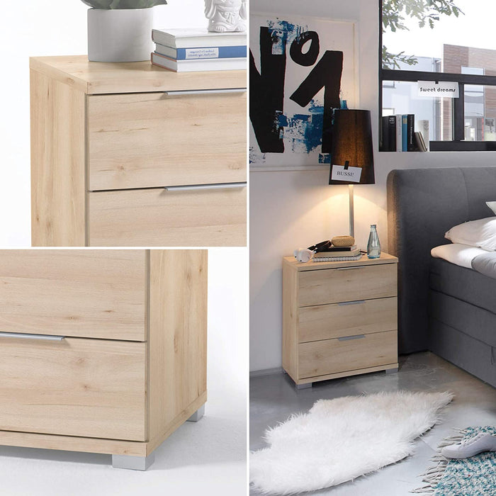 Universal Nachttisch in Edelbuche Optik - Moderner Nachtschrank mit drei Schubladen für Ihr Boxspringbett - 46 x 61 x 42 cm 