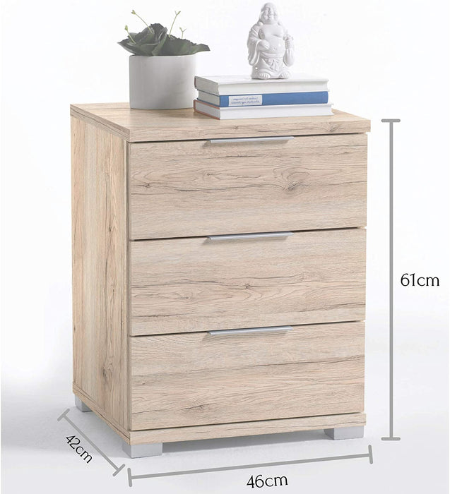 Universal Nachttisch in Eiche San Remo Hell Optik - Moderner Nachtschrank mit drei Schubladen für Ihr Boxspringbett - 46 x 61 x 42 cm