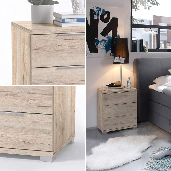 Universal Nachttisch in Eiche San Remo Hell Optik - Moderner Nachtschrank mit drei Schubladen für Ihr Boxspringbett - 46 x 61 x 42 cm