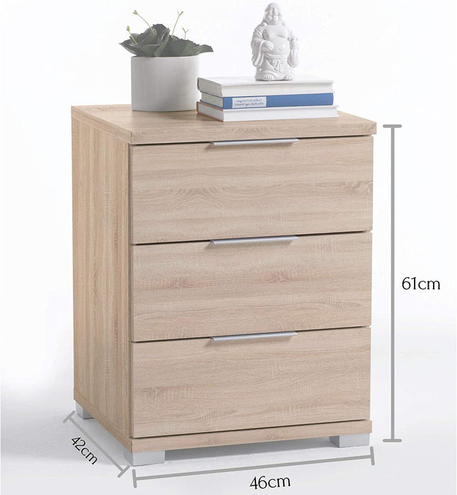 Universal Nachttisch in Eiche Sonoma Optik - Moderner Nachtschrank mit drei Schubladen für Ihr Boxspringbett - 46 x 61 x 42 cm