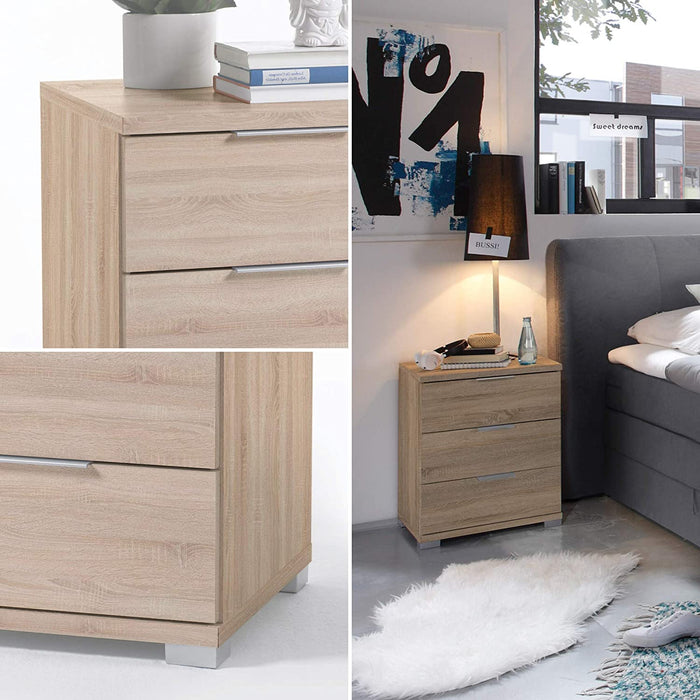 Universal Nachttisch in Eiche Sonoma Optik - Moderner Nachtschrank mit drei Schubladen für Ihr Boxspringbett - 46 x 61 x 42 cm