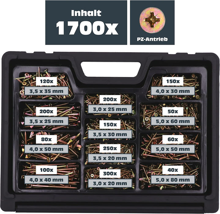 Universal Schrauben Set - 1700-teiliges Schraubenset mit vielen Größen - Pozidriv-Antrieb, Senkkopf, Voll- & Teilgewinde Holzschrauben 