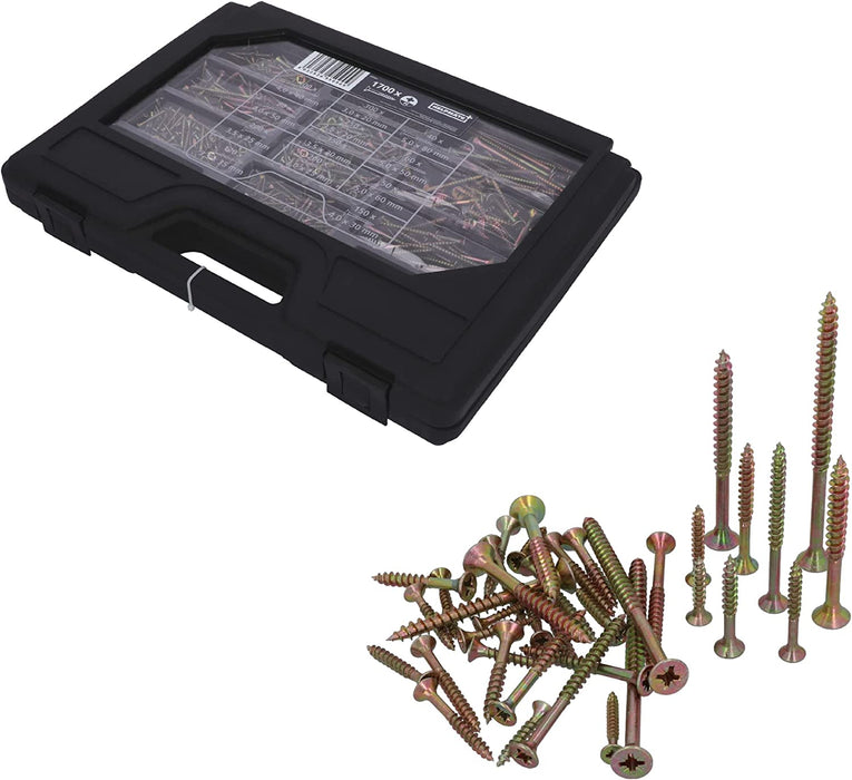 Universal Schrauben Set - 1700-teiliges Schraubenset mit vielen Größen - Pozidriv-Antrieb, Senkkopf, Voll- & Teilgewinde Holzschrauben 