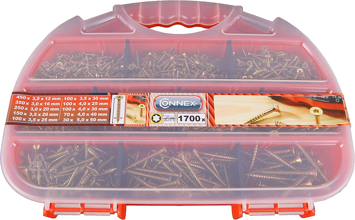 Universalschrauben-Sortiment 1700-teilig - Diverse Größen - Senkkopf - TX Torx-Antrieb - Vollgewinde - Gelb verzinkt / Schrauben-Set 