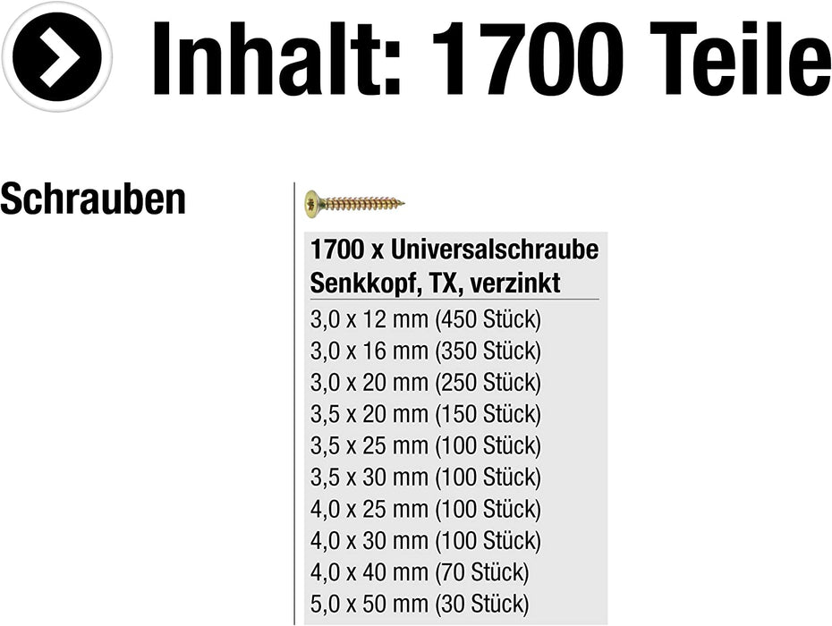 Universalschrauben-Sortiment 1700-teilig - Diverse Größen - Senkkopf - TX Torx-Antrieb - Vollgewinde - Gelb verzinkt / Schrauben-Set 