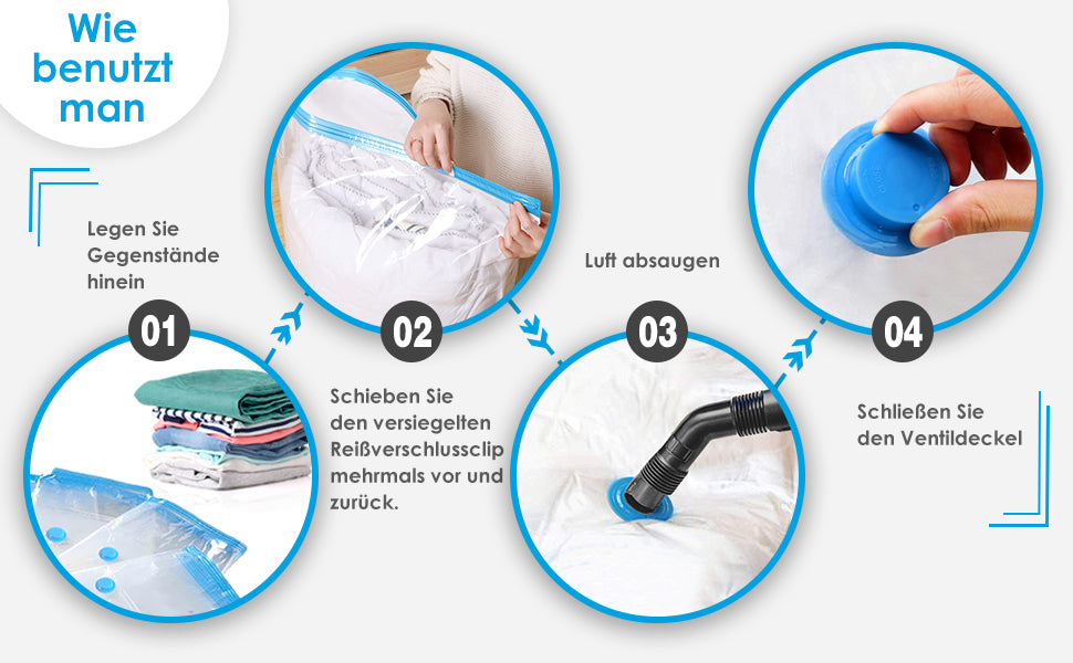 Vakuumbeutel 6 Stück 2 Groß 100x80cm + 2 Mittel 80x60cm + 2 Kleine 60x40cm Aufbewahrungsbeutel Reise Vakuum Wiederverwendbar Kleiderbeutel