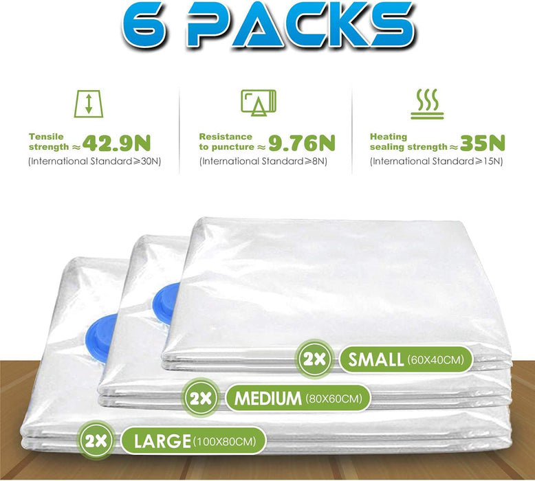 Vakuumbeutel 6 Stück 2 Groß 100x80cm + 2 Mittel 80x60cm + 2 Kleine 60x40cm Aufbewahrungsbeutel Reise Vakuum Wiederverwendbar Kleiderbeutel