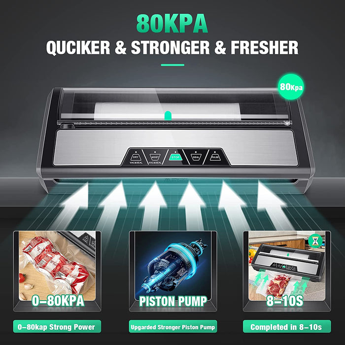 Vakuumierer, 0.8Bar Vakuumiergerät Folienschweißgerät mit Cutter und Folienrollenspeicher für trockene und feuchte Lebensmittel