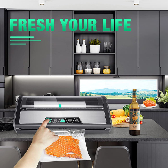 Vakuumierer, 0.8Bar Vakuumiergerät Folienschweißgerät mit Cutter und Folienrollenspeicher für trockene und feuchte Lebensmittel