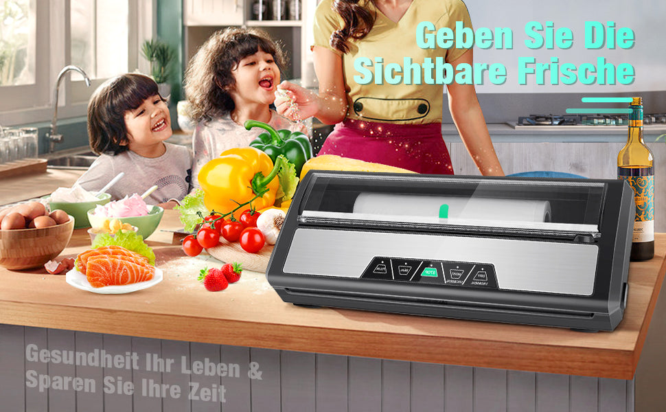 Vakuumierer, 0.8Bar Vakuumiergerät Folienschweißgerät mit Cutter und Folienrollenspeicher für trockene und feuchte Lebensmittel