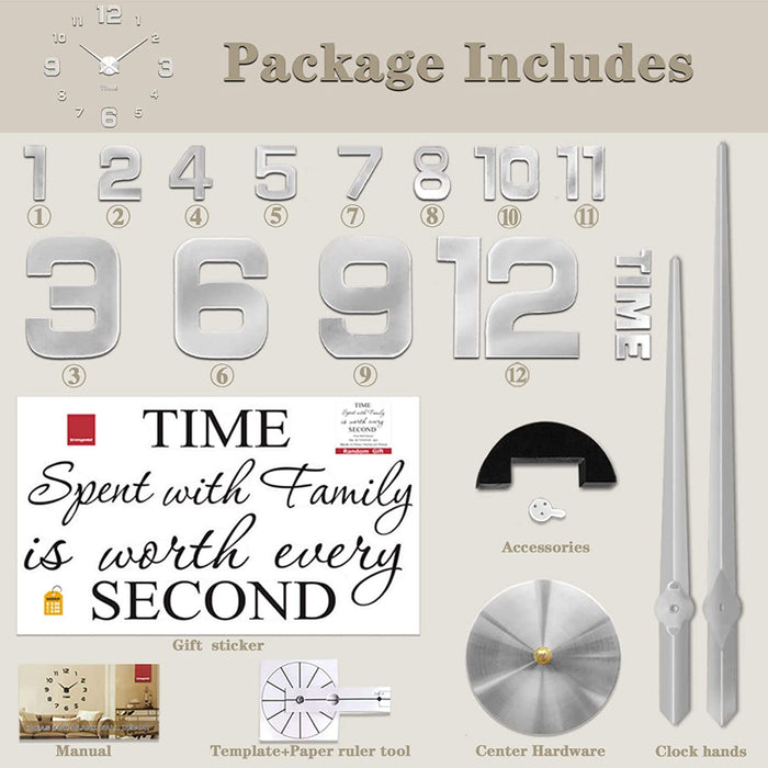 Vangold Moderne Mute DIY große Wanduhr 3D Aufkleber Home Office Decor Geschenk (Silber-22)