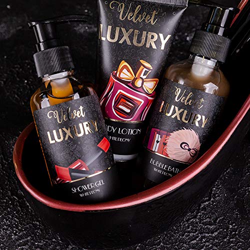 Velvet Luxury Badeset, Geschenkset in wunderschönem Keramik-Pump schwarz-rot, 6-teiliges Luxus Beautyset für ein entspanntes SPA-Erlebnis