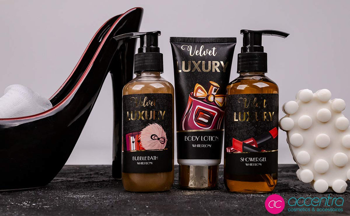 Velvet Luxury Badeset, Geschenkset in wunderschönem Keramik-Pump schwarz-rot, 6-teiliges Luxus Beautyset für ein entspanntes SPA-Erlebnis