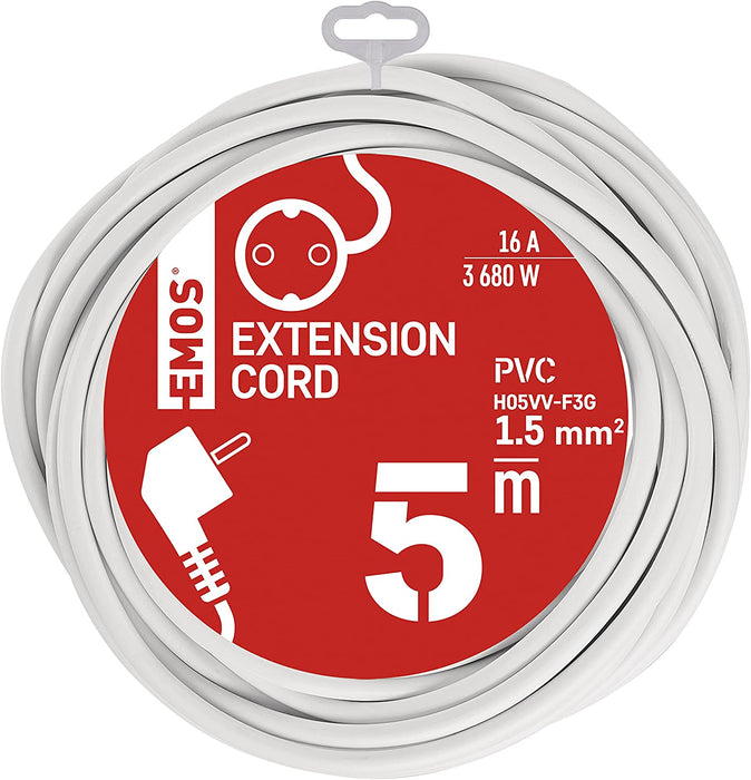 Verlängerungskabel 5 m Schuko, Strom-Verlängerung für Innen IP20, H05VV-F3G 1,5 mm2, Kinderschutz