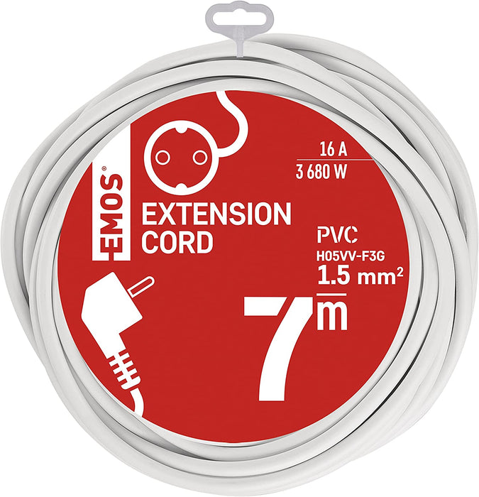 Verlängerungskabel 7 m Schuko, Strom-Verlängerung für Innen IP20, H05VV-F3G 1,5 mm2, Kinderschutz, Weiß