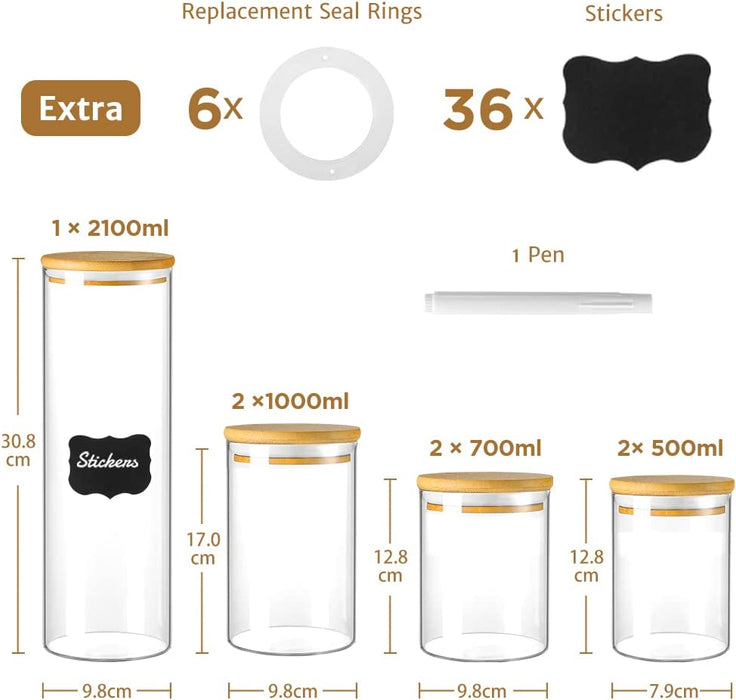 Vorratsdosen Glas 7er Set (Total 6.5L) Grosse Glasbehälter Gewürzgläser für Küche Lebensmittel Lagerung, Vorratsgläser set aus Borosilikatglas