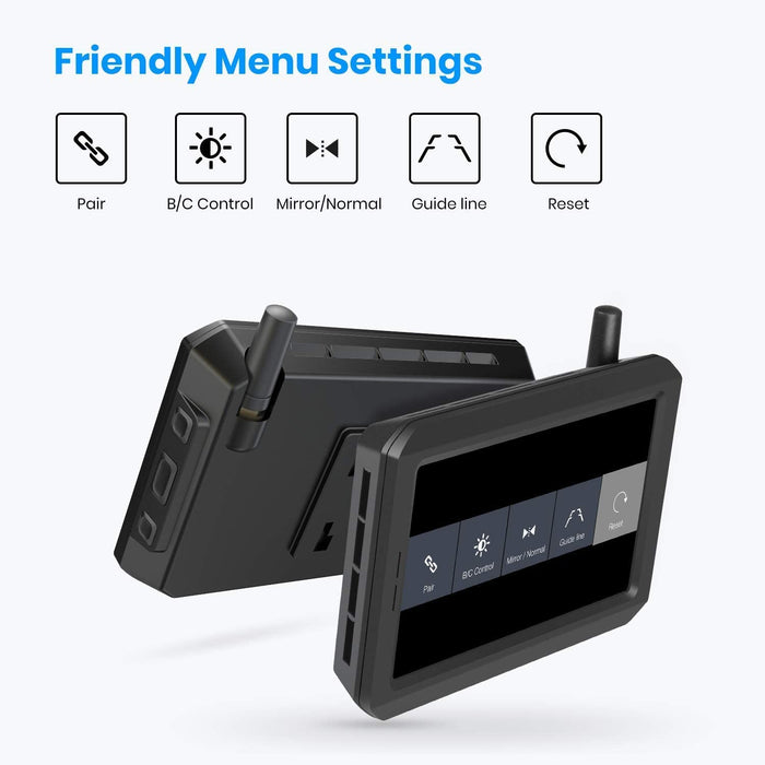 W7 Kabellos Digital Rückfahrkamera Set mit 5“(12.7cm) LCD-Monitor mit Antenne, eingebautem Funksender, Wireless Einparkhilfe,Wasserdicht IP68 Backup Rückfahrkamera, Nachtsicht für SUV,Van,KfZ