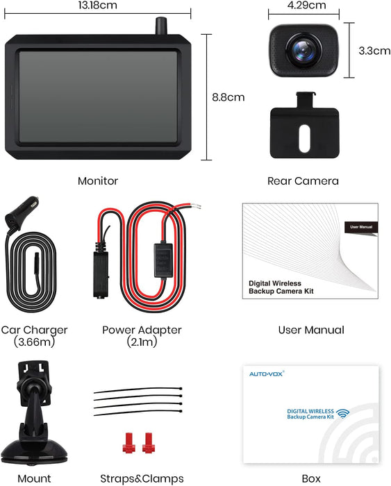 W7 Kabellos Digital Rückfahrkamera Set mit 5“(12.7cm) LCD-Monitor mit Antenne, eingebautem Funksender, Wireless Einparkhilfe,Wasserdicht IP68 Backup Rückfahrkamera, Nachtsicht für SUV,Van,KfZ