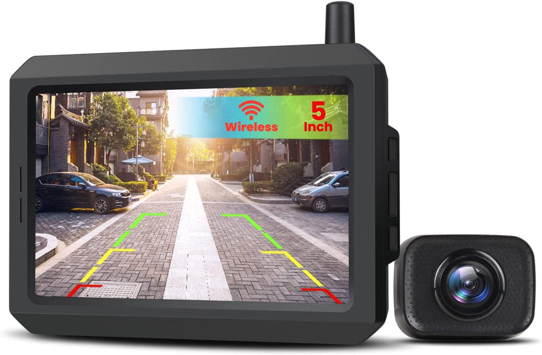 W7 Kabellos Digital Rückfahrkamera Set mit 5“(12.7cm) LCD-Monitor mit Antenne, eingebautem Funksender, Wireless Einparkhilfe,Wasserdicht IP68 Backup Rückfahrkamera, Nachtsicht für SUV,Van,KfZ