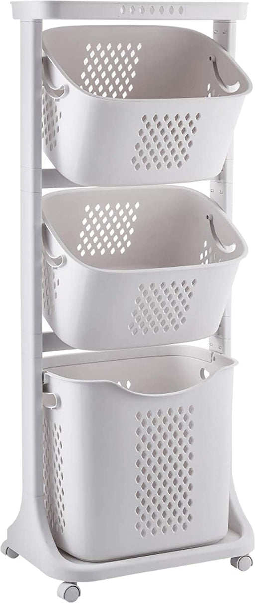 Wäschekorb auf Rollen, Wäschesortierer mit 4 Stockwerke, 3 Aufbewahrungskörbe, Wäschesammler, Wäschewagen, Wäschebehälter für Kleidung und Spielzeug