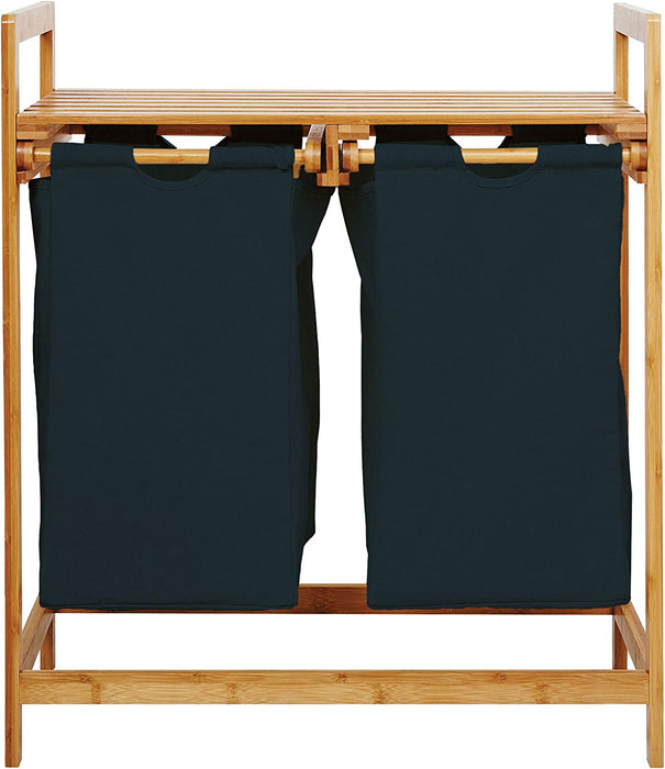 Wäschekorb aus Bambus mit 2 ausziehbaren Wäschesäcken | Größe ca. 73 cm Höhe x 64 cm Breite x 33 cm Tiefe, Farbe: Petrol