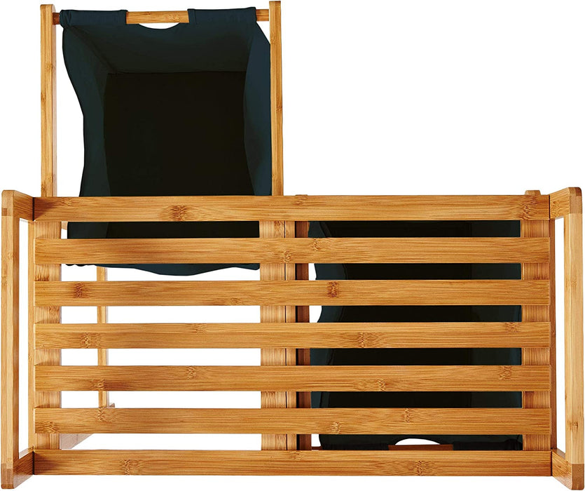 Wäschekorb aus Bambus mit 2 ausziehbaren Wäschesäcken | Größe ca. 73 cm Höhe x 64 cm Breite x 33 cm Tiefe, Farbe: Petrol