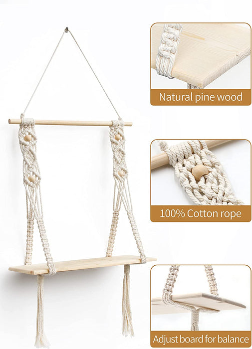 Wandregal Holz Regal Wand Boho Deko Hängeregal Makramee Wanddeko Balkon Badezimmer Wohnzimmer Handgewebte Schweberegal