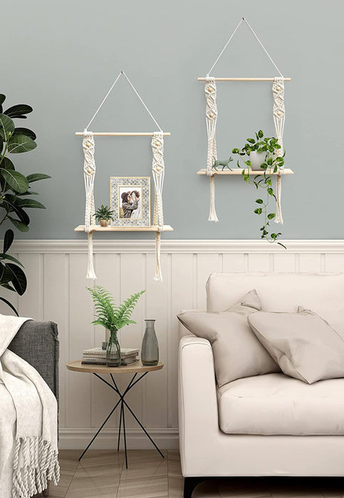 Wandregal Holz Regal Wand Boho Deko Hängeregal Makramee Wanddeko Balkon Badezimmer Wohnzimmer Handgewebte Schweberegal