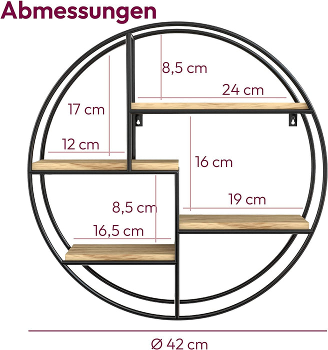 Wandregal Rund - Regal Wand mit 4 Böden - Wandregal Holz & Geschweißtes Extradickes Metall - Wanddeko Wohnzimmer Industrieller Stil - Wandregal 