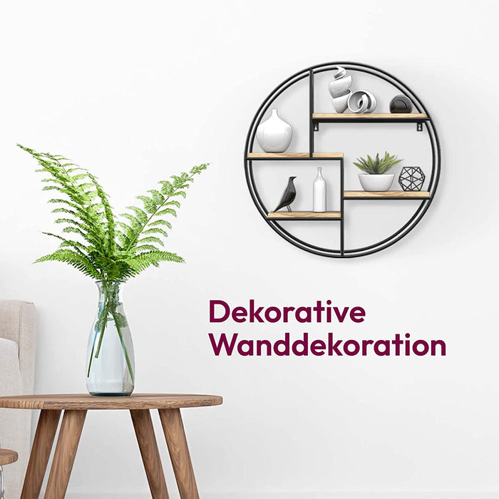 Wandregal Rund - Regal Wand mit 4 Böden - Wandregal Holz & Geschweißtes Extradickes Metall - Wanddeko Wohnzimmer Industrieller Stil - Wandregal 