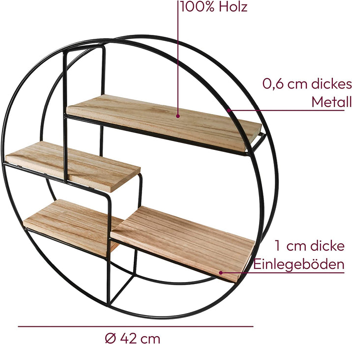 Wandregal Rund - Regal Wand mit 4 Böden - Wandregal Holz & Geschweißtes Extradickes Metall - Wanddeko Wohnzimmer Industrieller Stil - Wandregal 