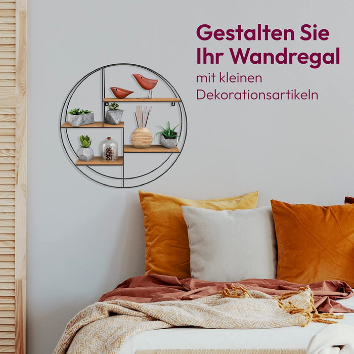 Wandregal Rund - Regal Wand mit 4 Böden - Wandregal Holz & Geschweißtes Extradickes Metall - Wanddeko Wohnzimmer Industrieller Stil - Wandregal 